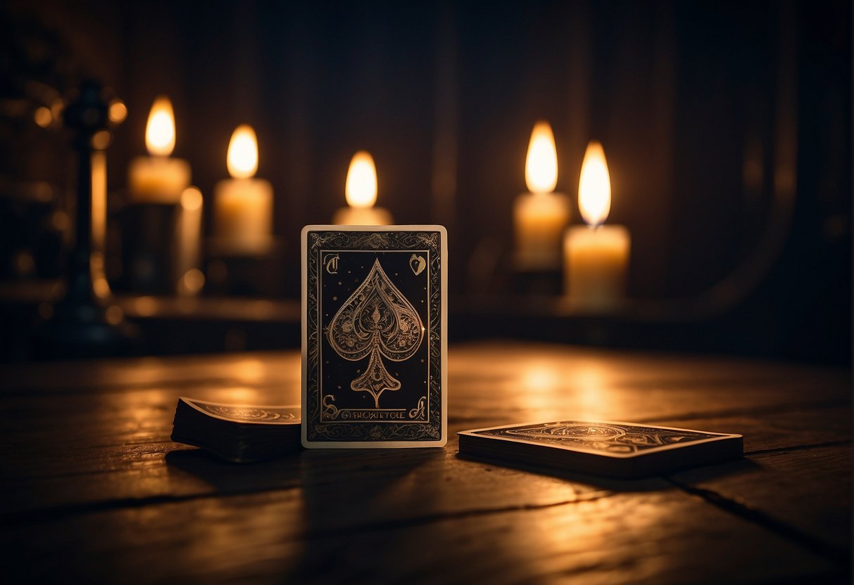 The 10 of spades tarot card lies on a wooden table, surrounded by a dimly lit room with flickering candlelight. The card is positioned upright, with the spade symbol prominently displayed, evoking a sense of mystery and intros