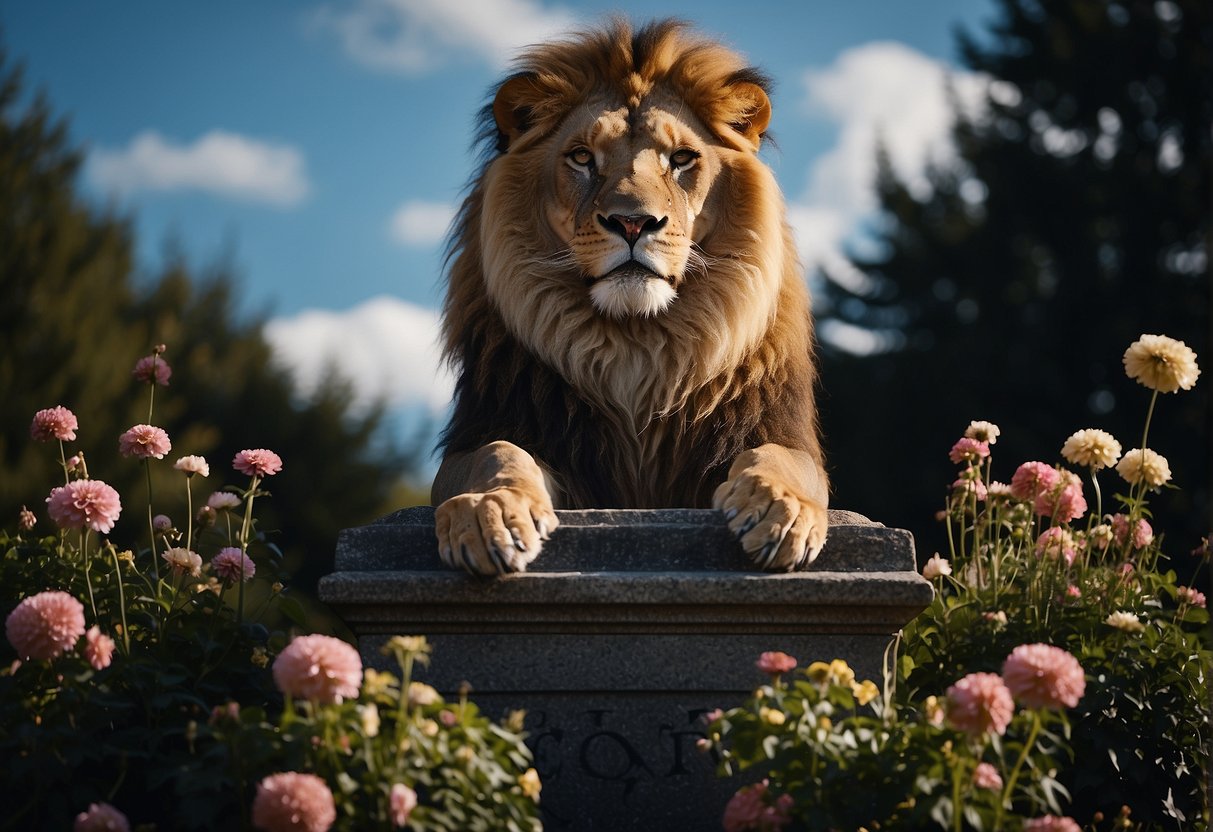 A regal lion sits atop a stone pedestal, surrounded by ten blooming spade flowers. The lion's gaze is intense, symbolizing strength and power. The background is dark and mysterious, evoking the card's deep meaning