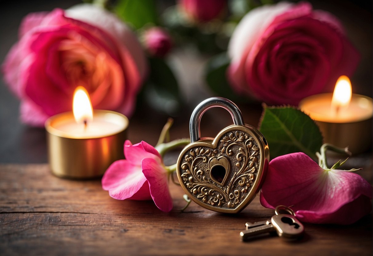 A heart-shaped lock and key on a wooden table, surrounded by rose petals and candles, symbolizing love and connection