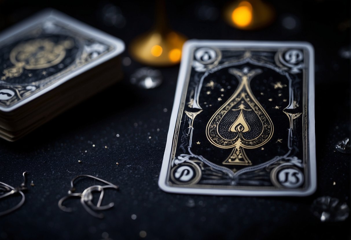 A single 10 of spades tarot card surrounded by other tarot cards, with a dark and mysterious background setting